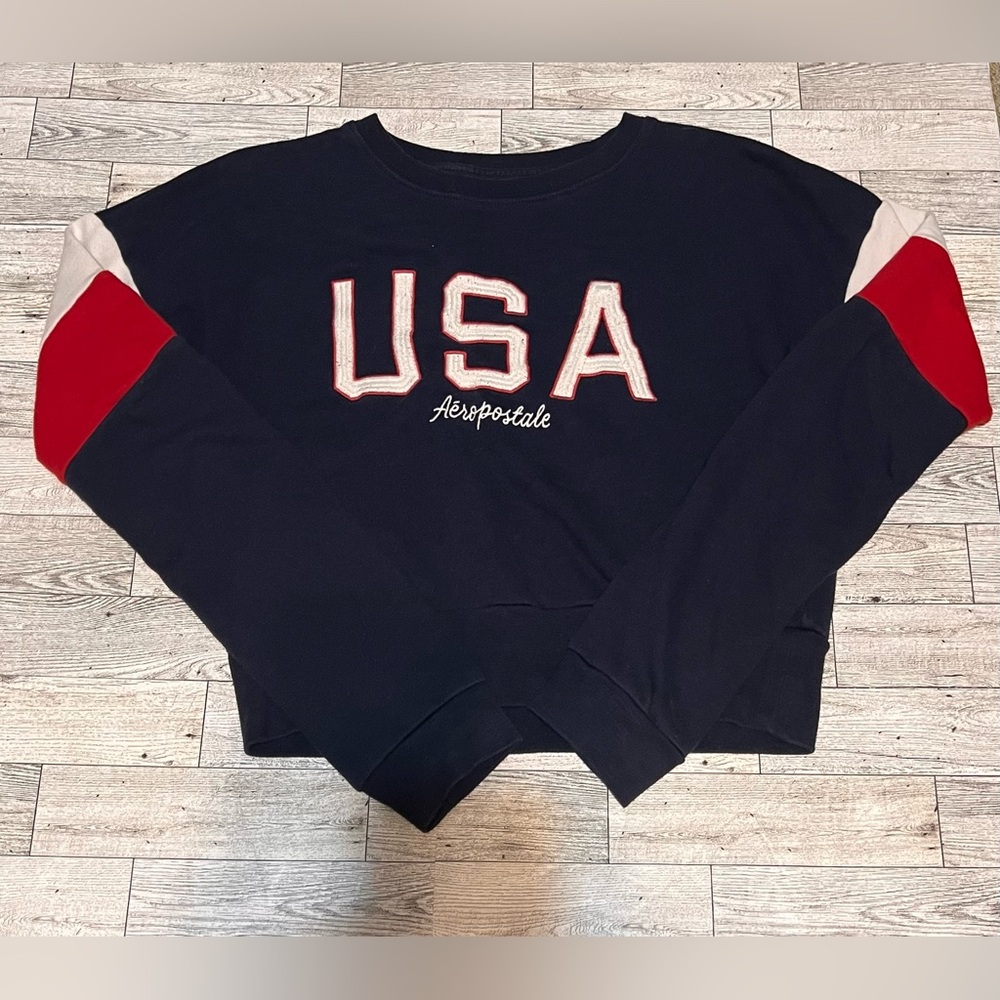 Aeropostale USA spell out cropped sweatshirt red white blue Size Small July 4